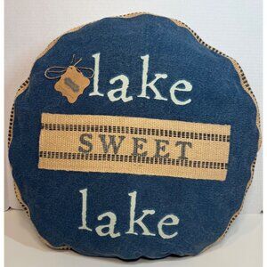 Mud Pie blue tan Lake Sweet Lake Round Pillow NWT cotton canvas jute applique